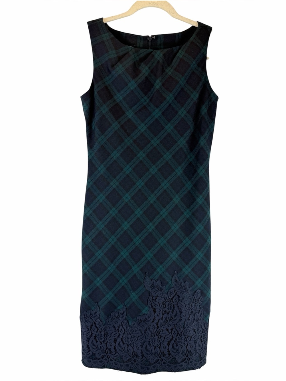 Talbots Black Watch Tartan Plaid Wool Blend Shift Dress Lace Trim Classic Sz 4P